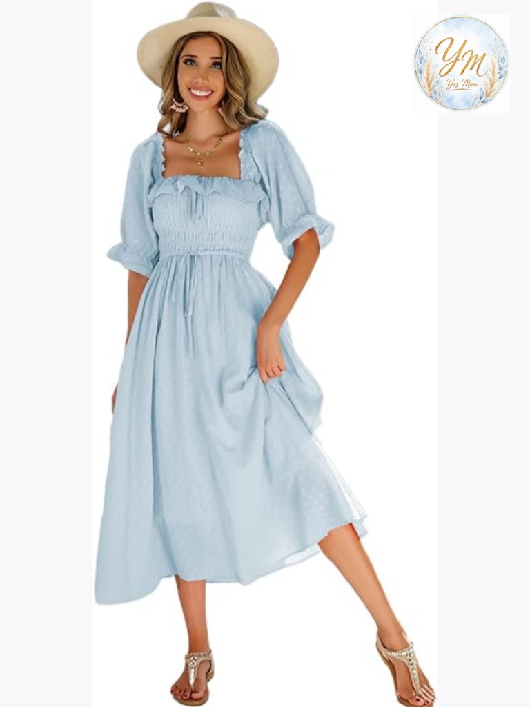 Vintage Bohemian Backless Square Neck Ruffle Midi A-Line Dress